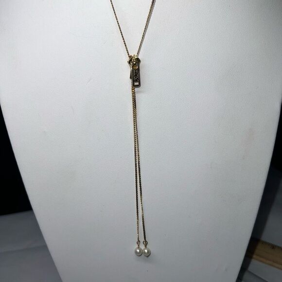 Vintage Gold Tone Zipper Y Necklace with Faux Pearls - Picture 5 of 5
